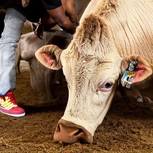 Prompt: kanye west milking a cow, ultra realistic, 8 k, ultra details, highly detailed face, sharp focus