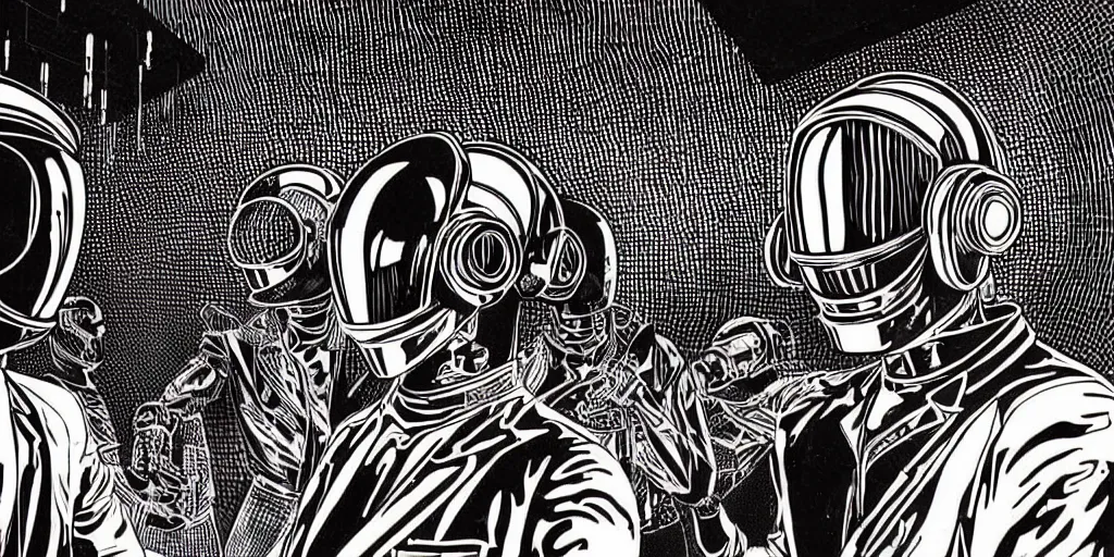 Prompt: intricate detailed artwork of 2 Daft Punk robot rock using a Macbook at an underground warehouse rave in Ibiza, playing techno house music, thousands of beautiful girls in bikini dancing, in the style of Moebius, wires, speakers, black and white ink, some ink drips, sharp details