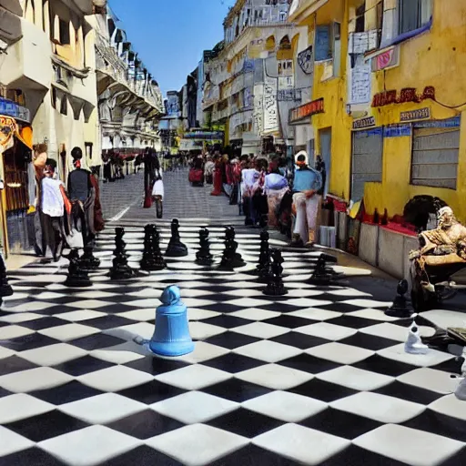 Prompt: street of the city of chess where everyone wears black or white cloth with chess piece like hats