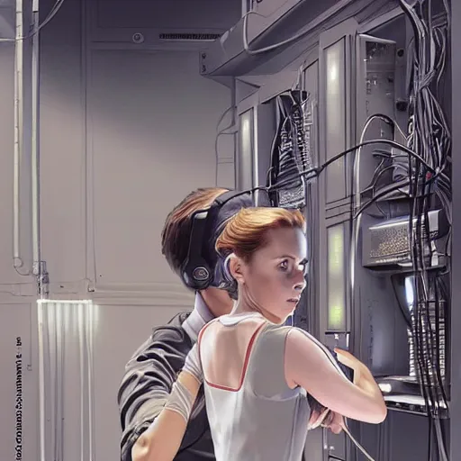 Image similar to illustration an it guy who is plugging a girl through cables to a computer and it cabinet. the girl looki like a mix of emma watson and scarlett johansson and nathalie portman, very details, by david rutkowski, by artgem