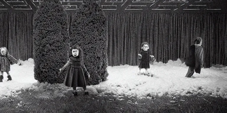 Prompt: photorealistic ultra wide cinematography of characters danny & wendy torrance from stanley kubrick's 1 9 8 0 film the shining, walking inside the hedge labyrinth outside overlook hotel shot on 3 5 mm eastman 5 2 4 7 film by the shining cinematographer john alcott shot on a wide kinoptik tegea 9. 8 mm lens. with golden ratio composition