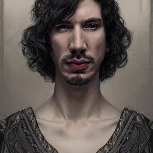 Image similar to portrait of stoic king adam driver beautiful queen john oliver, full body, military uniform, fantasy, intricate, elegant, beautiful, highly detailed, charcoal, centered, dark, smokey, digital painting, artstation, concept art, smooth, sharp focus, illustration, art by artgerm and greg rutkowski and alphonse mucha