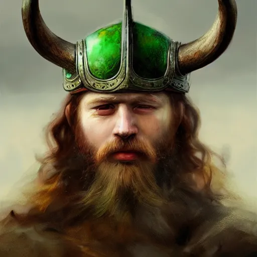 Prompt: photorealistic painting of Viking captain, helmet with horns, red long beard, long dark blonde curly hairs, green eyes Viking armor, background rough sea, elegant, painting, style of ruan jia, trending on artwork station, digital painting, sharp focus