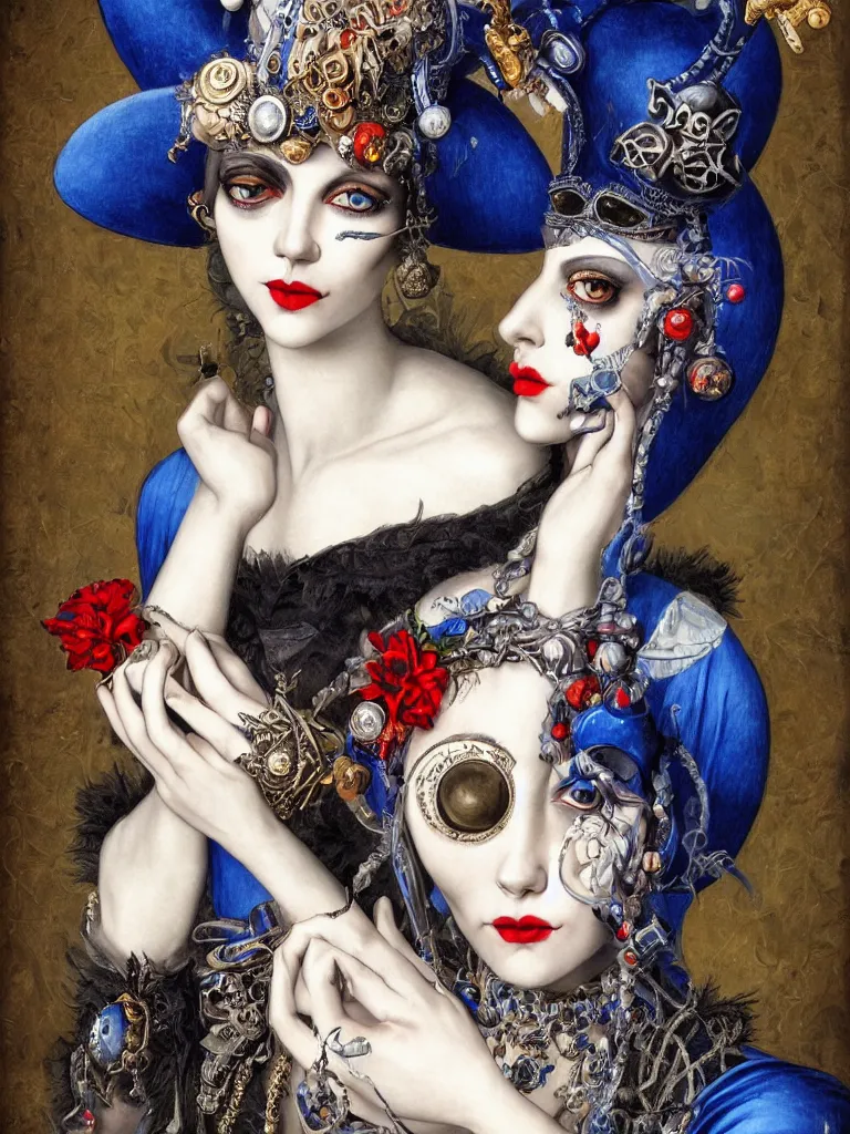 Prompt: Detailed maximalist stunning portrait of gorgeous dark elf with beautiful blue piercing eyes dressed in a jester’s hat with a monocle, HD mixed media, 3D collage, highly detailed and intricate, masterpiece, award-winning, surreal illustration in the style of Caravaggio, dark art, baroque