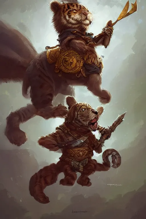 Image similar to migty bear wearing a cape, a gypsy riding a tiger, tiny, small, miniature , animal, short, adorable, pretty, beautiful, DnD character art portrait, matte fantasy painting, DeviantArt Artstation, by Jason Felix by Steve Argyle by Tyler Jacobson by Peter Mohrbacher, cinematic lighting