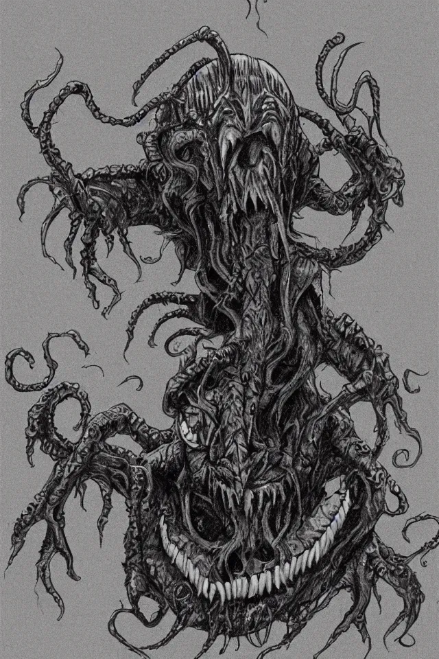 Prompt: concept art of a scary cthulhu monster with sharp sabre teeth in a dark tight lovecraft corridor