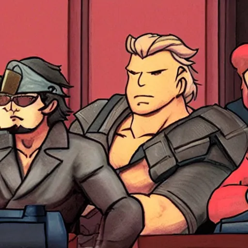 Image similar to kirby sitting next to solid snake at the bar, moody, gritty