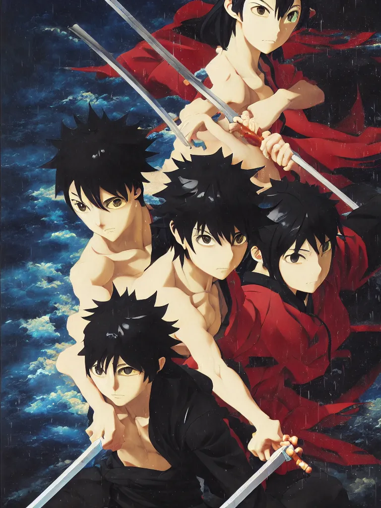 Image similar to baroque oil painting of key visual ninja duel, rain, rule of thirds golden ratio, fake detail, trending pixiv fanbox, acrylic palette knife, style of makoto shinkai takashi takeuchi yoshiyuki sadamoto