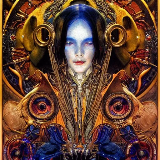 Image similar to baroque portrait of an art deco machine priestess, reflective detailed textures, highly detailed fantasy science fiction painting by annie swynnerton and jean delville and moebius, norman rockwell and william holman hunt. modern industrial shaman, rich colors, high contrast. artstation