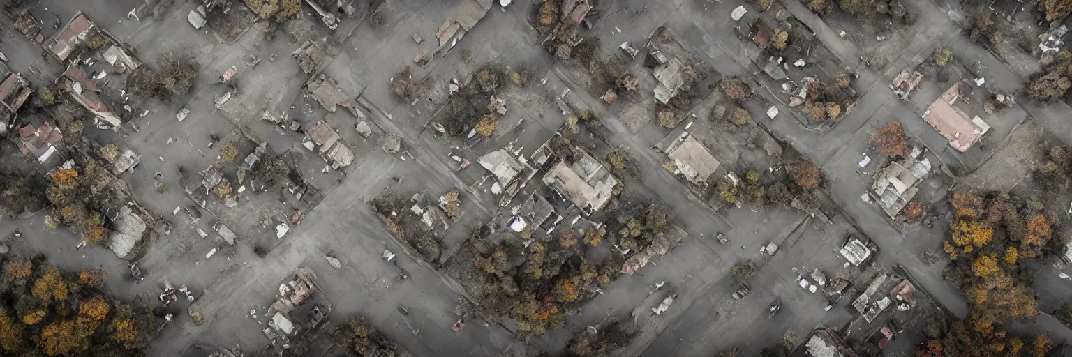 Prompt: wide angle drone shot of dilapidated silent hill in real life, desolate town, empty streets, nightmarish, some rusted retro futuristic fallout 4 style parked cars, overcast, blankets of fog pockets, rain, volumetric lighting, beautiful, daytime, autumn, sharp focus, ultra detailed, cgsociety