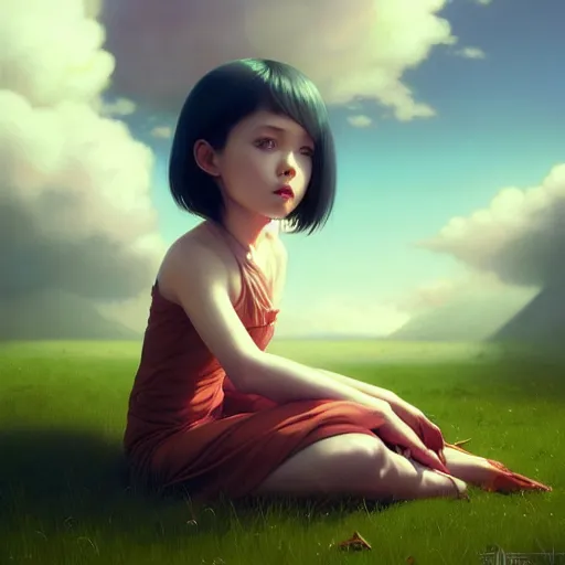 Image similar to very very small little girl by tom bagshaw, sitting on a gigantic green leaf by ilya kuvshinov, rtx rendering, octane render 1 2 8 k, maya, extreme high intricate details by wlop, digital anime art by ross tran, medium shot, close up shot, composition by sana takeda, lighting by greg rutkowski