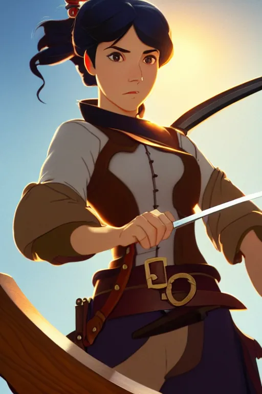 Prompt: animation still frame of an attractive female pirate ( short black hair ) holding a sword and a wooden shield, high angle closeup portrait, blurry background of the library, disney, pixar, bloom, medium shot, dramatic lighting, in the style of studio ghibli, j. c. leyendecker, greg rutkowski, artgerm