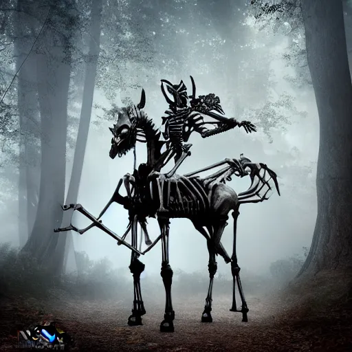 Image similar to a skeletal centaur in a magical forest, nekro style. Very detailed 8k