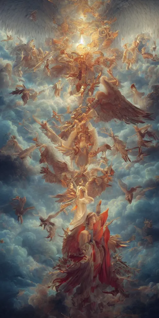 Image similar to breathtaking detailed concept art painting of angels in heaven, holy, ornate background, by hsiao - ron cheng, extremely moody lighting, 8 k