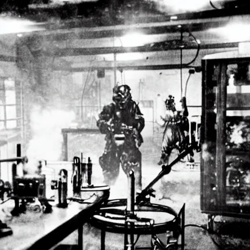 Prompt: Photograph of a laboratory where a scientist with a flamethrower fights off the omega death virus.