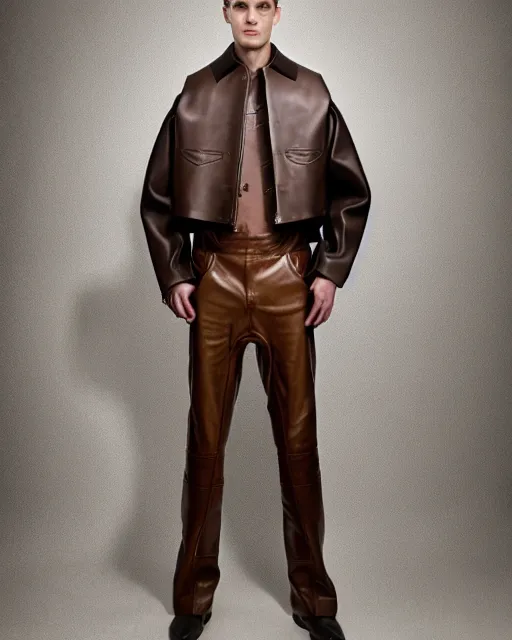Image similar to an award - winning photo of a brown cropped extremely baggy medieval designer menswear leather jacket with an oversized collar and bootcut trousers designed by alexander mcqueen, 4 k, studio lighting, wide angle lens