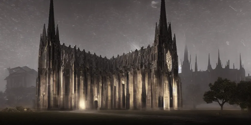 Image similar to a huge delicate metal Sundial in the moonlight, Behind the tall and delicate gothic church at night, with ghosts floating in the foreground, light through the mist, dramatic lighting, photorealistic, cinematic lighting, high detail, cinematic feel, high octane, 4K, Unreal Engine, digital render, intricate, ultra realistic
