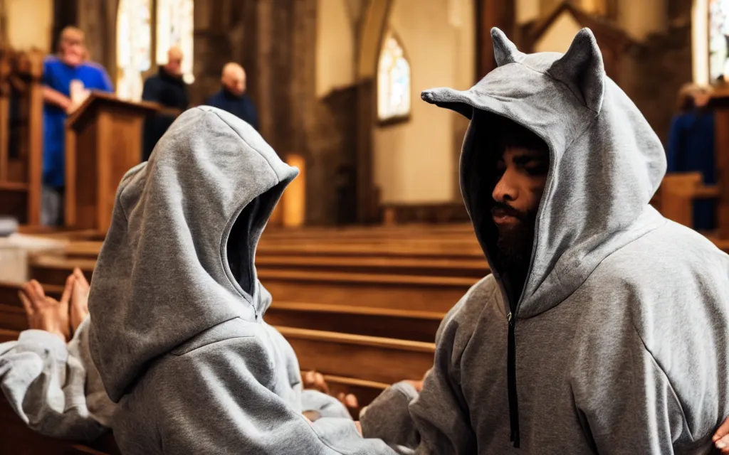 Prompt: wolf dressed in hoody staying in church and prays