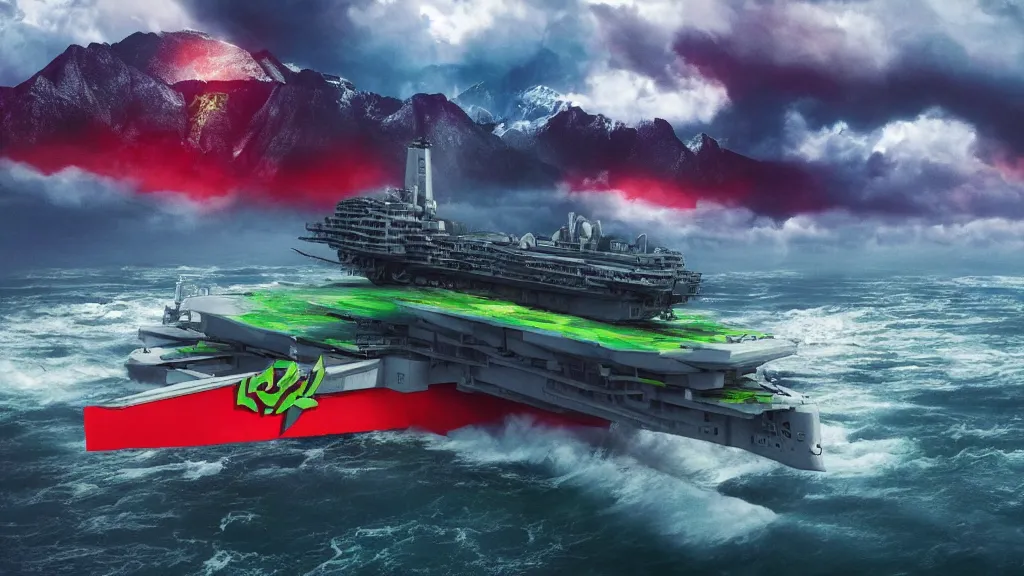 Prompt: a futuristic mountain dew branded aircraft carrier with green and red mountain dew logo, dramatic clouds, choppy waters, sharp focus, cinematic, moody, imax