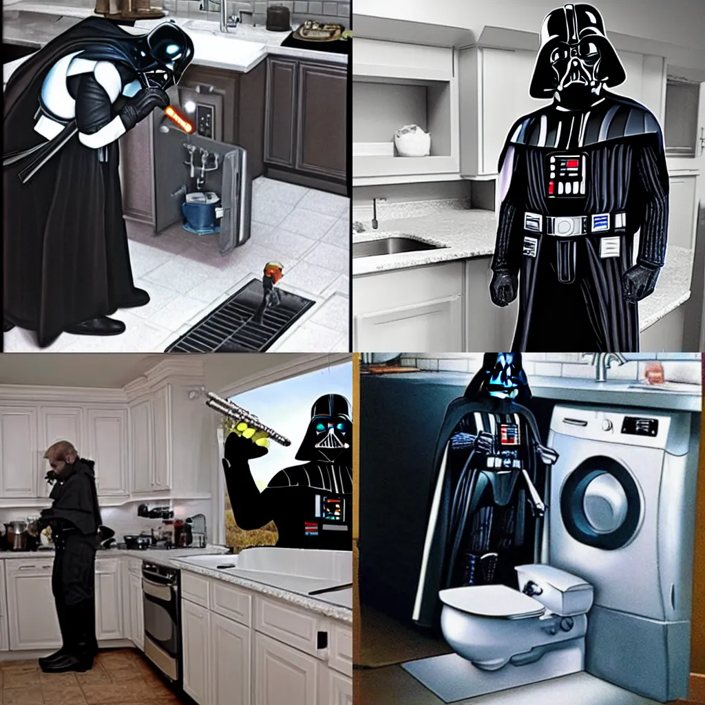 Prompt: Darth Vader working as a plumber under a kitchen sink