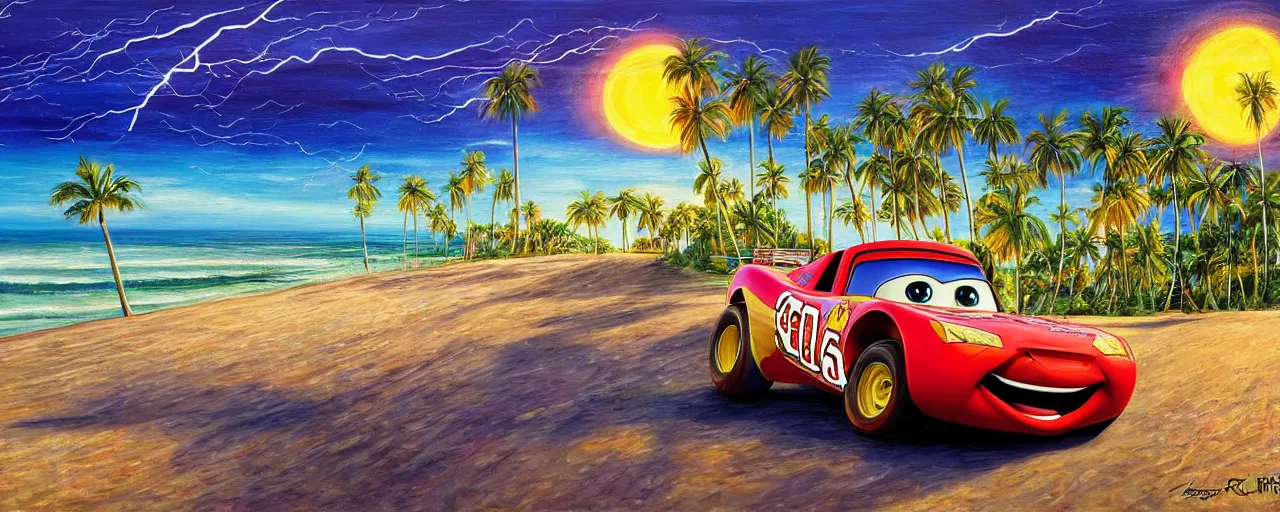 Prompt: Lightning McQueen driving a long the beach at twilight, tropical palms, a highly detailed painting by Greg Rutkowksi, starry night, holiday feel