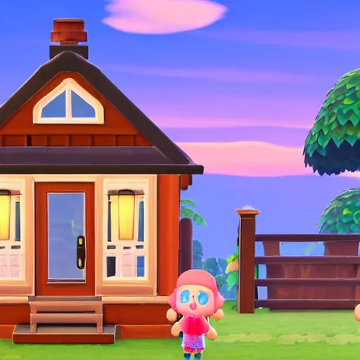 Prompt: A modern country house with glass windows in animal crossing, with sunset
