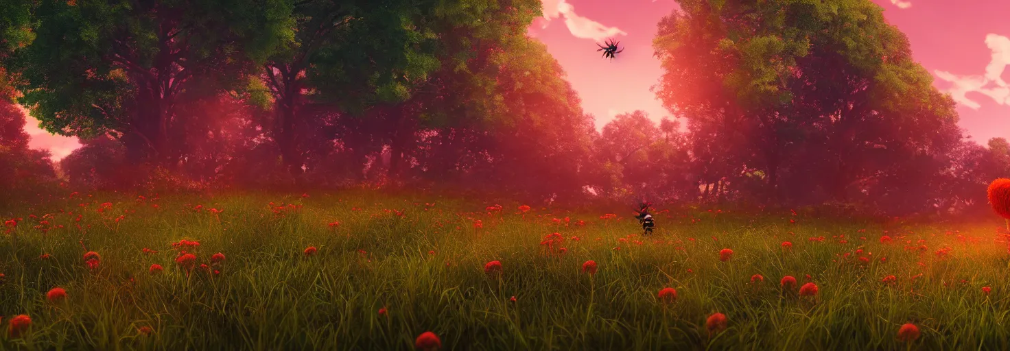 Prompt: stunning glowing crimson beehive with black accents, in a beautiful forest meadow village landscape, flowers, happy trees, photorealistic, octane render, rtx, hdr, unreal engine, digital art widescreen 8 k, studio ghibli, pixar, bee movie, disney