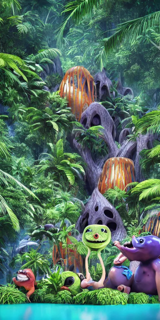 Image similar to of a tropical rainforest lake with strange cute friendly happy creatures with huge eyes, mouth, long tongue, round teeth and goofy face, appearing from the treesl, in the style of gehry and gaudi, macro lens, shallow depth of field, ultra detailed, digital painting, trending artstation, concept art, illustration, cinematic lighting, photorealism, epic, octane render