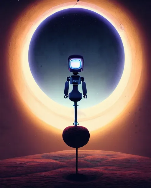 Image similar to gediminas pranckevicius, a robot standing in front of a glowy open door that's on a barren moon, poster art by mike winkelmann, trending on cg society, space art, sci - fi, ue 5, futuristic, volumetric lighting, light casting onto the ground, neat composition and camera angle