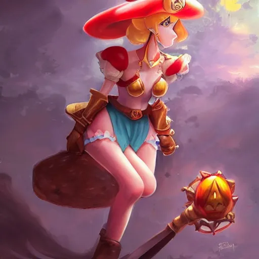 Image similar to princess peach holding a Mario mushroom made of earth and molten metal with heavy knight armor in the style of anime by Peter Mohrbacher, anime trending on artstation, HD, 4k,