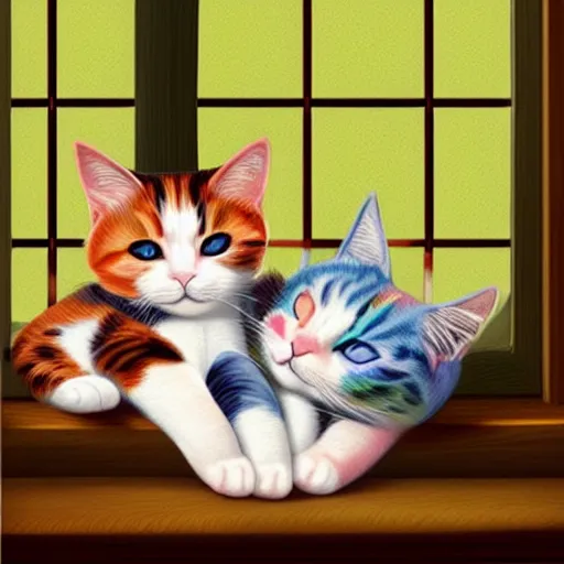 Image similar to two cute multi - colored calico cats sleeping inside a cozy home in the evening, stars shining in the night sky through the window,, artstation, cgsociety, storybook art