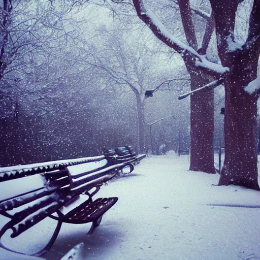 Image similar to a park bench under falling snowflakes, trending on artstation