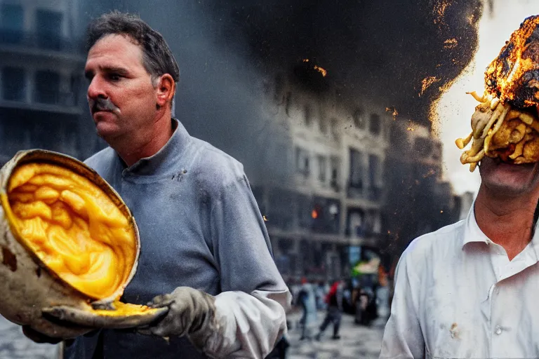 Image similar to closeup potrait of a man carrying molten cheese over his head during a fire in Paris, photograph, natural light, sharp, detailed face, magazine, press, photo, Steve McCurry, David Lazar, Canon, Nikon, focus