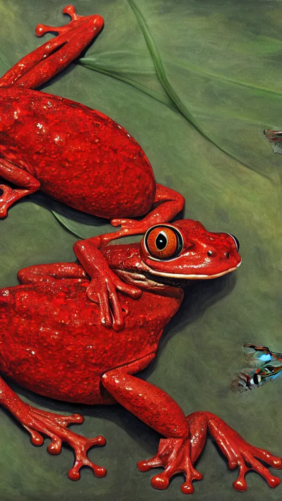 Image similar to giant red frog with giant dragonfly wings, photorealism, oil paint, renaissance, 8 k, high detail whide shot