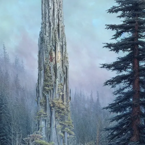 Image similar to Large forest with great Wizard tower standing proudly above the treeline, wide angle, cinematic, art by Donato Giancola and Bayard Wu, digital art, trending on artstation