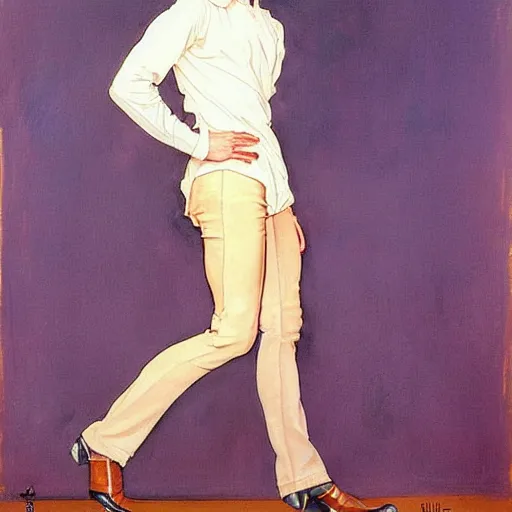 Prompt: beautiful painting of the androgynous pale blond prince Lucius with long curly blond hair, delicate young man wearing a soft white poet shirt and a black miniskirt and heels, pinup poster by J.C Leyendecker and Norman Rockwell