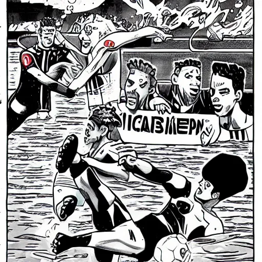 Image similar to underwater soccer championship, comic book style