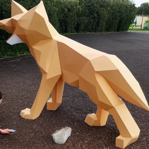 Image similar to a polygonal fox statue made from concrete