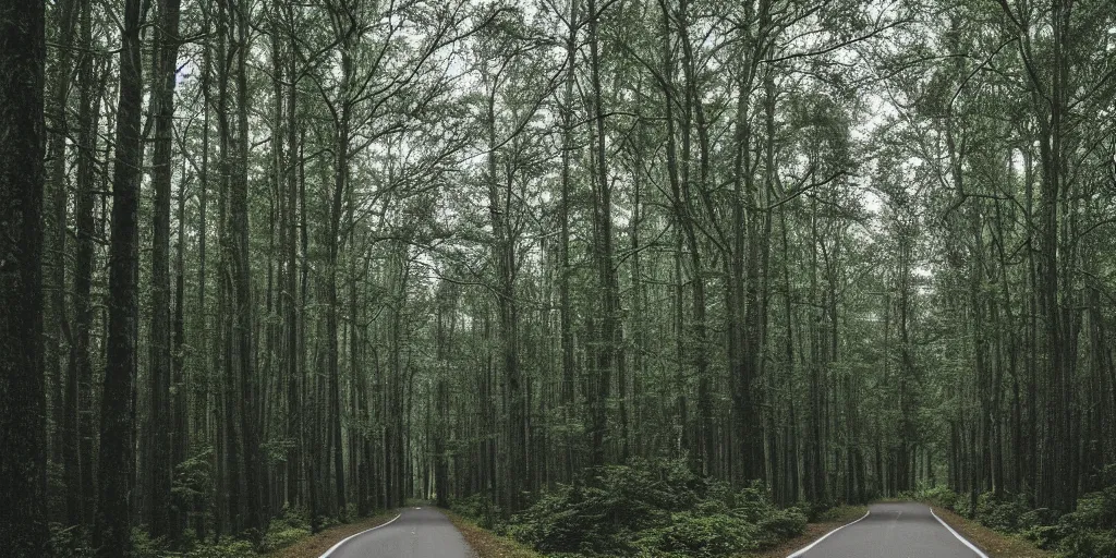 Image similar to road between tall trees, dense forest, dark night, no light