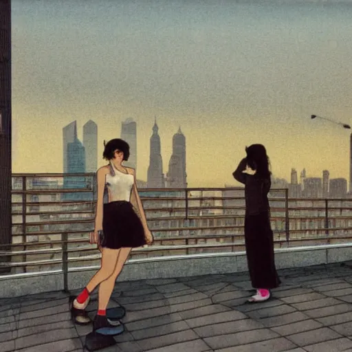 Image similar to a small rooftop with a couple of modern teenagers, standing and talking to each other, highly detailed, wearing black modern clothes, modern shanghai bund is on the background, dust, sunset, by gregory crewdson, carlos schwabe