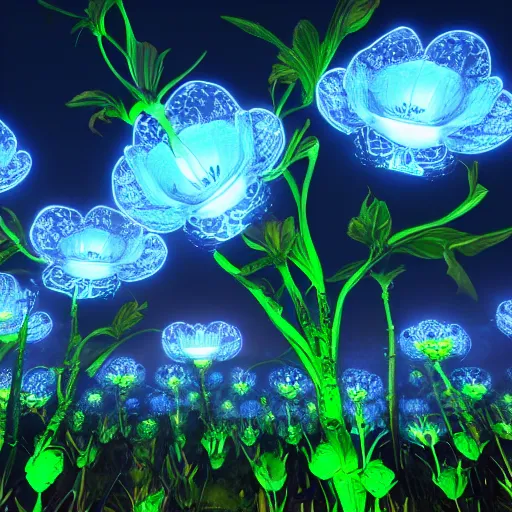 Image similar to electroluiniscent flower blooming at twilight, glow, wide-angle lens, beautiful, intricate, noctilucent, landscape, glowing neon, unreal engine