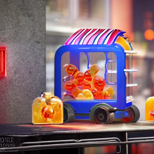 Image similar to medium shot of a a small edible gummi worm candy with cybernetics for sale from a food truck. the candy is displayed with dramatic product lighting, pearlescent. in the background a dim alley is illuminated by the food truck. unreal engine 5, octane 3 d, render.