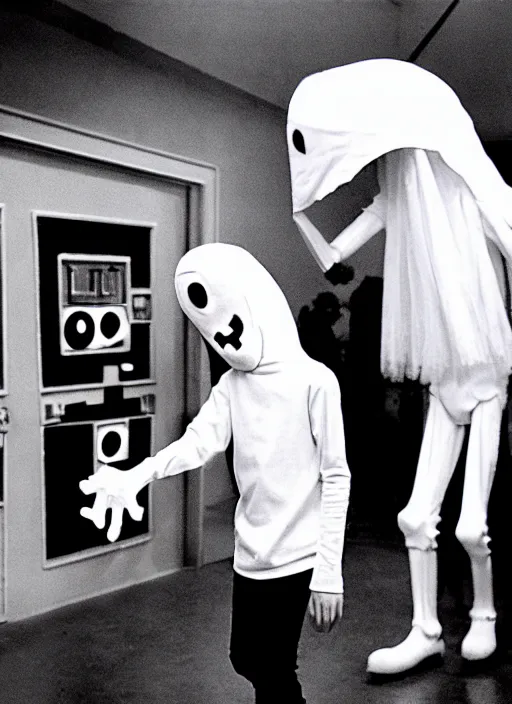 Image similar to creepy realistic scary gangly ghost monster invades the crowded set of a 9 0's childrens tv gameshow, everyone runs in horror, grainy black and white surveillance