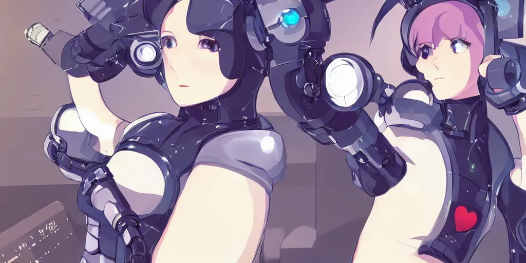 Image similar to cute thicc cyberpunk robotic maid, by makoto shinkai, top of pixiv