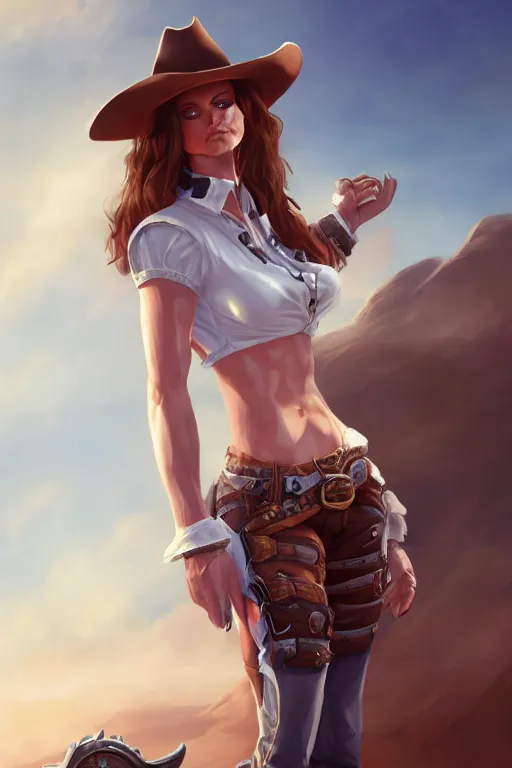 Image similar to full body, female cowgirl, perfect face, white blouse, holster, 8 k, magic the gathering, desert, d & d, artstation, high detail, smooth, muscular