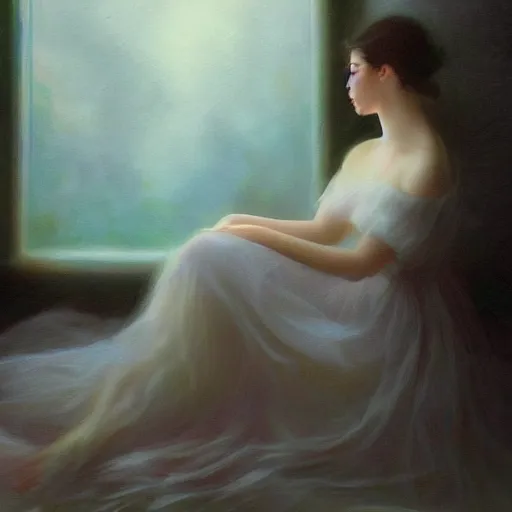 Image similar to This conceptual art captures the beauty and mystery of the woman sitting before us. Her enigmatic smile and gaze seem to invite us into her world, and we cannot help but be drawn in. The softness of her features and the delicate way she is dressed make her seem almost ethereal. The background landscape adds to the feeling of distance and mystery, making us wonder what secrets this woman holds. razzmatazz by Ben Quilty evocative