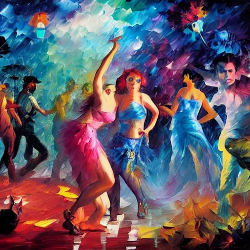 Prompt: rave dance party by paul lehr, arthur adams, charlie bowater, leonid afremov, chiho ashima, karol bak, david bates, tom chambers