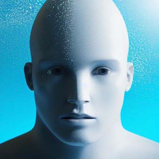 Image similar to minimalist logo icon of a human head made of water, white background, futuristic, glowing, hyper realistic, ray tracing, realistic water splashes, sharp focus, long shot, 8 k resolution