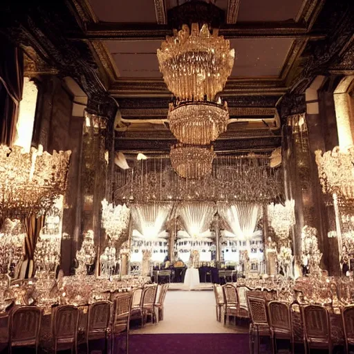 Image similar to photo, a giant monstrous creature made out of shiny glittering reflecting ornate elegant crystal stemware, inside a grand huge elegant ballroom