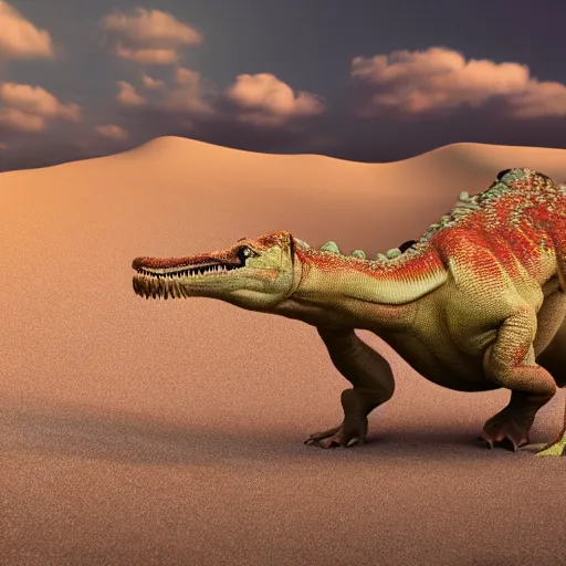 Image similar to photography, 3 d render, dinosaur, sand